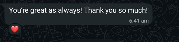 WhatsApp message: You're great as always! Thank you so much!